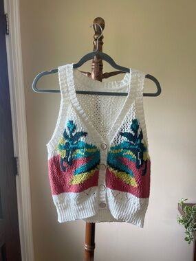 Hand-Knit V-Neck Button Front Sweater Vest - White with Multicolor Pattern